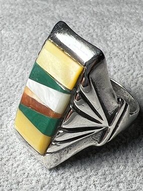 Native American Sterling Silver Inlay Stripe Ring 11 Western Southwestern